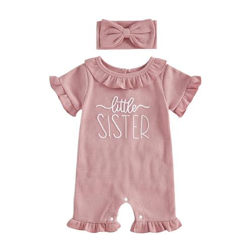 Polinkety Newborn Baby Girl Summer Outfit Romper Little Sister Lil Sis Embroidery Ruffle Jumpsuit Infant Waffle Knit Clothes (Little Sister Pink, 0-3 Months)