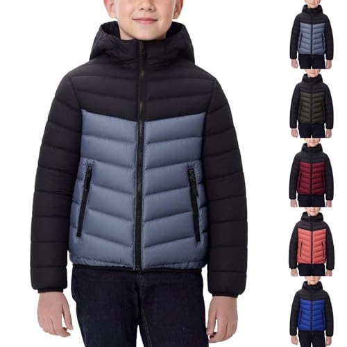 Boys Girls Zip Up Hooded Puffer Jacket Teen Color Block Lightweight Thick Down Coat Winter Warm Quilted Outwear