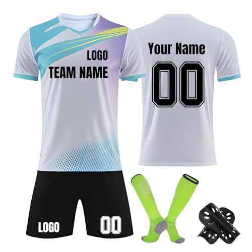 Genérico Camisetas de Futbol Personalizada para Niños y Adultos, Camiseta Futbol con Logo Nombre y Número Equipacion Futbol Incluye Camiseta, Pantalones Cortos Calcetines y Espinilleras