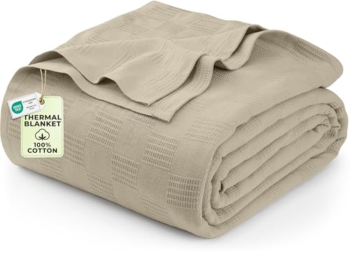 Utopia Bedding Khaki 100% Cotton Blanket [King Size - 90x108 Inch] 350GSM Lightweight, Soft and Breathable Thermal Blanket for All Seasons