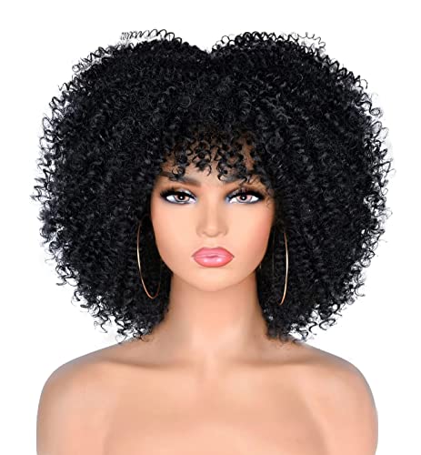 ANNIVIA Perruque courte bouclée pour femme noire - 25,4 cm - Perruque afro frisée avec frange - Fibre synthétique - Noir Cover