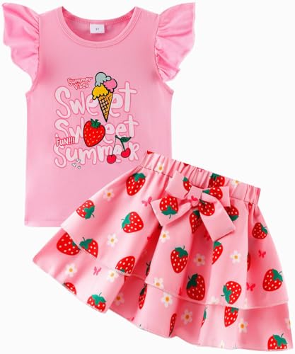 Image of Girls Skirt Set 2 Piece Outfit Toddler Summer Clothes Ruffle Sleeve T-Shirt Bow Knot Tutu Skirt Outfit Set