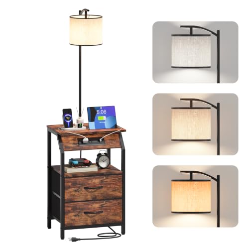 ZHNSYDN End Table with Floor Lamp Nightstand with Charging Station Floor Lamp Table with 3-Color Temperature Bulb Bedside Table Night Stand with 2 Drawers for Bedroom Living Room Brown