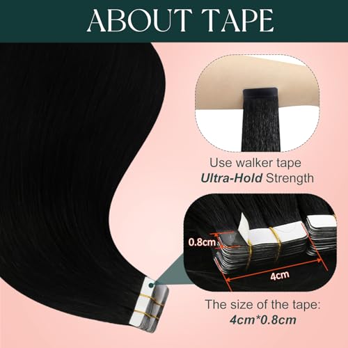 Image of Easyouth Human Hair Extensions Tape in Black 16 Inch 20pcs Tape in Hair Extensions Jet Black Remy Human Hair Tape in Extension Easy to Use
