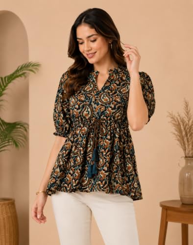 Image of Women's Cotton Printed Tunic Top | Square Neck Full Sleeve Casual Western Top | Trendy Longline Printed Top for Women | Stylish Party, Office