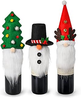 Vanmor 3PCS Gnome Christmas Wine Bottle Cover Toppers, Handmade Xmas Tree Snowman Reindeer Santa Hat Wine Bottle Toppers Decorations, Decorative Felt Bottle Gift Bags Xmas Holiday Home Decor