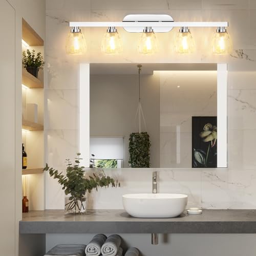 Image of GAOMON 3 Light Bathroom Light Fixtures, Chrome Vanity Light Fixtures Over Mirror Wall Mount Lighting Fixture with Hammered Glass Shade E26 Socket for Hallway Kitchen Bedroom Living Room