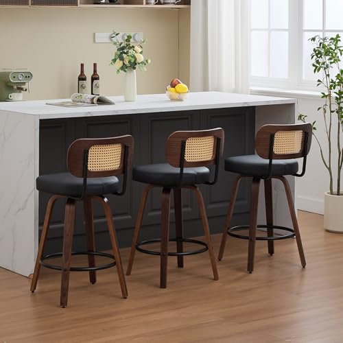 Image of Set of 3 Mid-Century Modern Swivel Bar Stools, 26 inch Kitchen Island Stools with Rattan Back & Bentwood Walnut Legs, Black Faux Leather Counter Stools