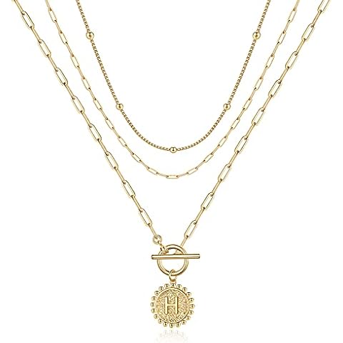 IEFWELL Layered Gold Initial Necklaces for Women, 14K Gold Plated Paperclip Link Chain Coin Necklace Toggle Clasp Layering Initial Necklaces for Women Layered Choker Necklaces for Women Cover