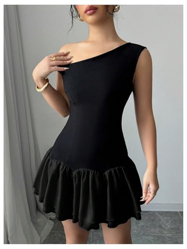 Image of Verdusa Women's Color Block Ruffle Off Shoulder Dress Drop Waist Layered Mesh Mini Dress