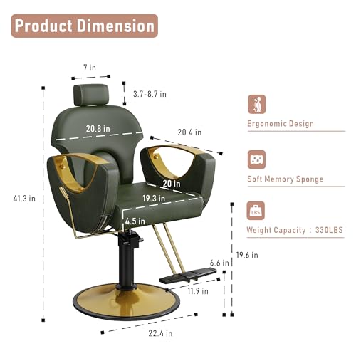 Image of LOUVIXA Barber Chair, Salon Chair for Hair Stylist, Height Adjustable Hydraulic Hair Reclining Salon Chairs, 360 Degrees Rotation, Multi-Function Shampoo Chair for Barbershop (Green)