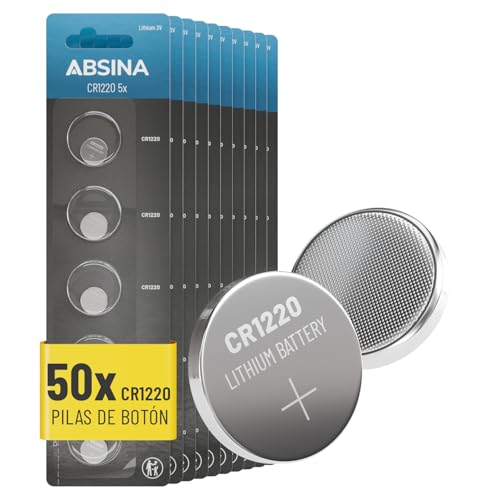 ABSINA 50x Pilas Boton CR1220 3V   CR 1220 Pilas para Reloj Swatch antifugas & Larga duración   Pila Boton 3 voltios para Llaves de Coche, Reloj y más