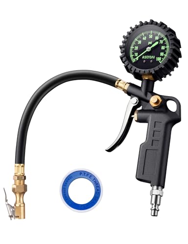 AstroAI Tire Pressure Gauge with Inflator, 100 PSI-ANSI B40.1 Accurate, Large 2.5' Easy Read Glow Dial, Heavy Duty Air Chuck and Compressor Accessories with Rubber Hose and Quick Connect Coupler