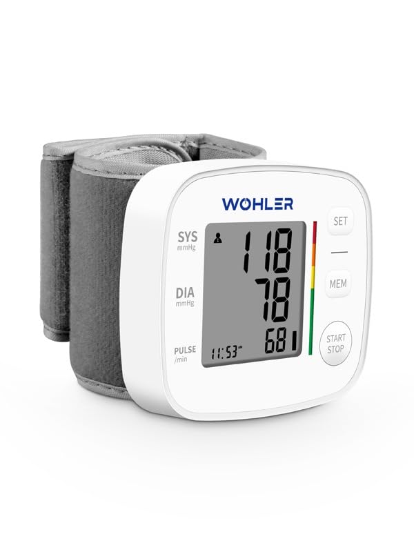 Wöhler STB-1 Digital Wrist Blood Pressure Monitor display showing readings