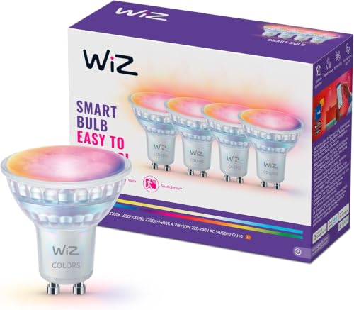 WiZ Faretto LED smart vetro GU10, a colori e bianco Regolabile, equivalente 50 W, 2.200-6.500 K, 345 lumen, intensità regolabile, compatibile Alexa, Google Assistant e Apple Home, conf. da 4