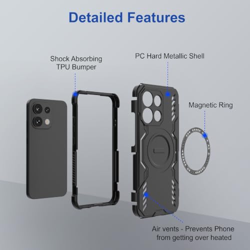 Image of Zapcase Back Case Cover for Oppo Reno 16C 5G | Magnetic Case with Built-in Metal Ring | Supports MagSafe Charger, Wallet & Car Mount | Shockproof Hybrid PC + TPU | Black