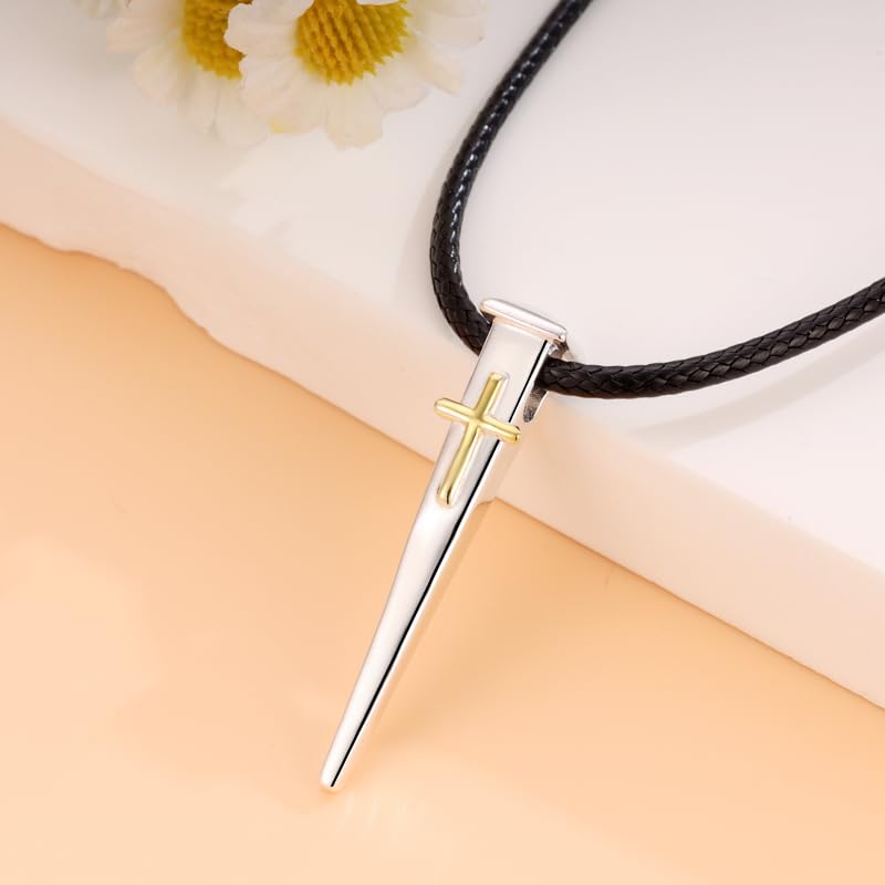 Cross Necklace for Men – Sterling Silver 925 Nail Pendant with Gold-Plated Cross on Black Leather Cord, Christian Faith Jewelry Gift from Jerusalem2
