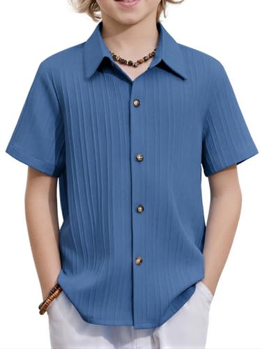 Image of Arshiner Boys Casual Short Sleeve Button Down Shirt Fashion Textured Summer Beach Shirt 3-13 Years Old