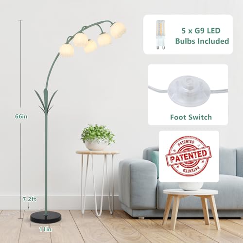 Image of HMVPL Arc Floor Lamp for Living Room, Flower Floor Lamp with 5 G9 LED Bulbs, Foot Switch, Green Floral Standing Lamp with Acrylic Shade, Curved Tall Lamp for Living Room Bedroom Corner Kids Reading