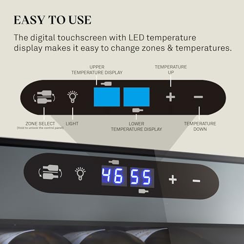 Image of Wine Enthusiast 32-Bottle Dual Zone MAX Compressor Wine Cooler - Freestanding Mini Fridge with Digital Touchscreen, LED Display, Split Storage for Red & White Wines, Matte Black Refrigerator Home Bar