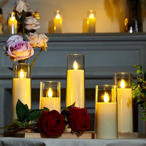 Image of Amagic Flameless Candles Battery Operated, LED Candles with Remote and Timer, Acrylic Plexiglass Flickering Fake Candle for Wedding, Home Decor, Ivory White, Set of 5, D2.2 x H5 5 inch 6 inch 7 inch 8 inch