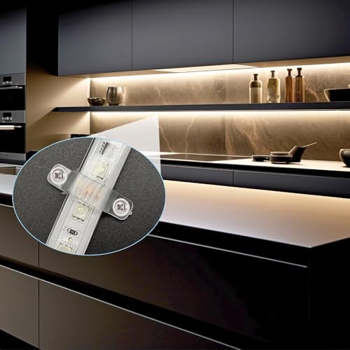 Image of 50 Pack Strip Light Mounting Brackets, Led Strip Light Holder, LED Clear Clips Outdoor Fixed Clips LED Tape Clamp, Waterproof Double Side Fixing, for 14 mm Wide IP67 /68 Strip Lights with 100 Screws