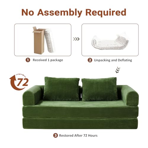 Liiwepo 79" Convertible Sofa Bed, 5-in-1Boneless Couch for Living Room with 2 Pillows Corduroy Folding Sleeper Sofa Bed, Boneless Cloud Loveseat Futon Sofa Bed for Living Room Bedroom Lounge, Green — view 5