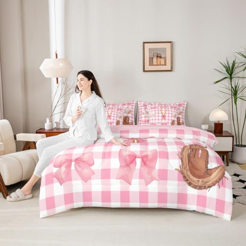 Image of Baseball Bowknot Queen Bedding Sets Pink Checkered Patchwork Grid Comforter Set Watercolor Girly Bow Romantic Dreamy All Season Comforter Flat&Fitted Sheet 2 Pillowcases 2 Throw Pillow Covers,7 Pcs