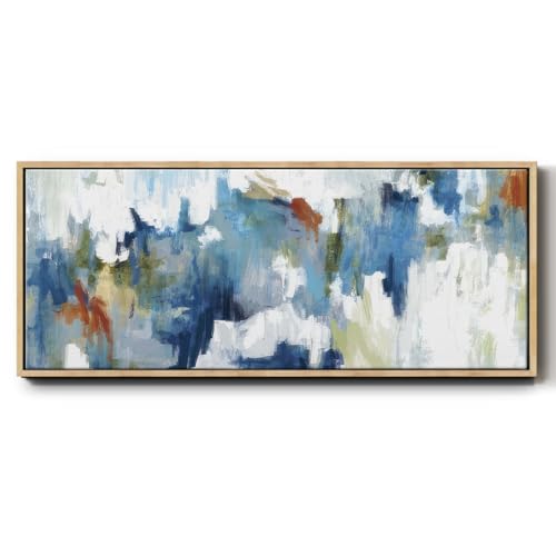Renditions Gallery Abstract Artwork Blue White & Green Color Falls Floater Framed Canvas Wall Art for Resturant Hotel Kitchen - 8"X20" NATURAL Frame GAL027