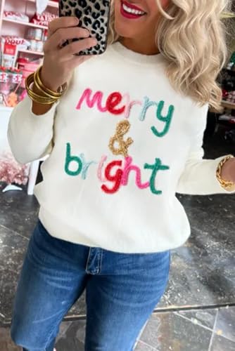 Image of LEMAFER Women 2026 Merry Christmas Round Neck Sequin Letters Sweater Casual Solid Slogan Long Sleeve Pullover Sweatshirt Tops