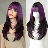 7JHH WIGS Long Straight Purple Synthetic Wig with Bangs 25inch Layered Hair Tail Dye Black Heart Resistant Synthetic Fiber Natural Looking Wigs for Women Party Cospaly and Daily Used