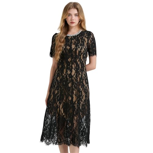 Robe en dentelle extensible ornée de strass et perles fins