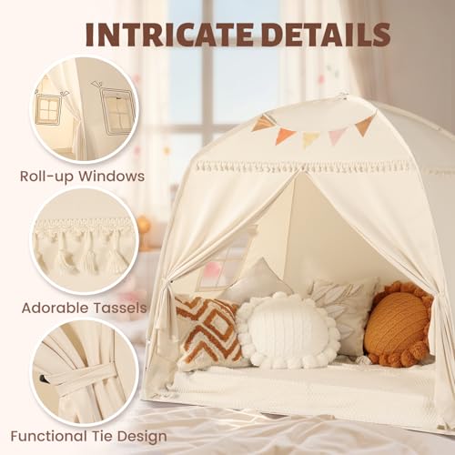 Sumbababy Large Teepee Tent for Kids: with Star Lights & Flags - Tent for Kids Indoor Kids Teepee for Boys & Girls - Playhouse Inside Canopy Bed for Playroom Gift Toys (Cream) - Thumbnail 3