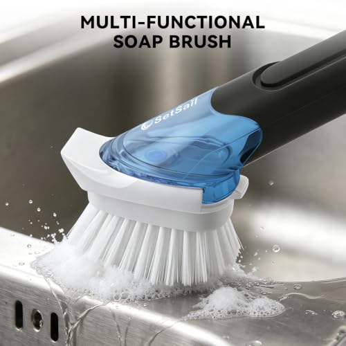 Image of SetSail Dish Brush with Soap Dispenser, Stiff Bristles Dish Scrubber Set | Built-in Scraper with 3 Pack Replaceable Brush Head Dish Scrub Brush with Non-Slip Handle for Kitchen Sink, Dishes, Pans, Pot