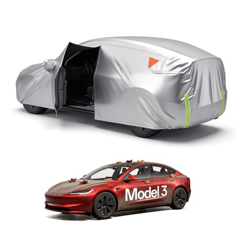 Amadaw Tesla Model-3 Car Cover Waterproof Inner Lining Protects Paint Zippers for Driver Side & Charging Port PU Coating for Sun and UV Protection-Silver