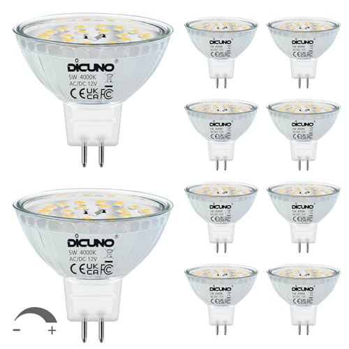 DiCUNO MR16 LED Bulbs Dimmable 50W Halogen Replacement 12V AC/DC 4000K Natural White, 5W GU5.3 Bi-Pin Base Glass Cover 120 Degree Beam Angle 500LM for Spotlights, Track, Landscape Lighting, 10 Packs