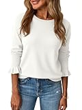 Saodimallsu Womens Fall Crew Neck Sweaters Ruffle Long Sleeve Lightweight Soft Knit Casual Pullover Top White