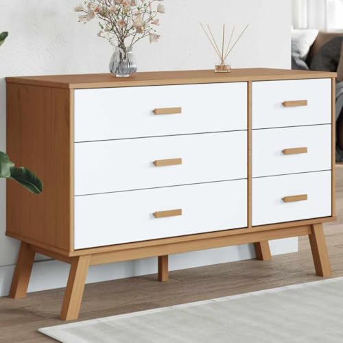 Zentexion Cajonera Olden blanco marrón madera maciza de pino multifuncional 6 cajones espacio de almacenamiento estilo rústico independiente fácil de montar para dormitorio, pasillo, salón, habitación