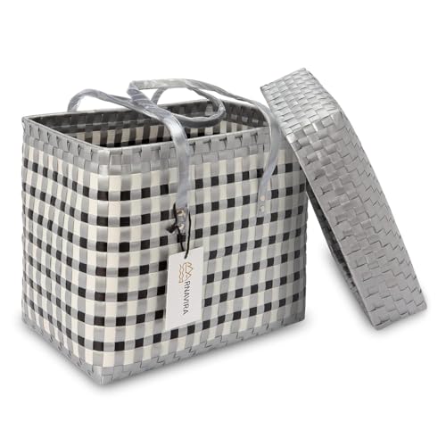 Image of Arnavira Handmade Multipurpose Basket with Lid 4L Used as Mini Basket For Organiser, Makeup Items Storage,Kids Tiffin Basket (X-Small) (18x12x19 cm) (Silver White, X Small)