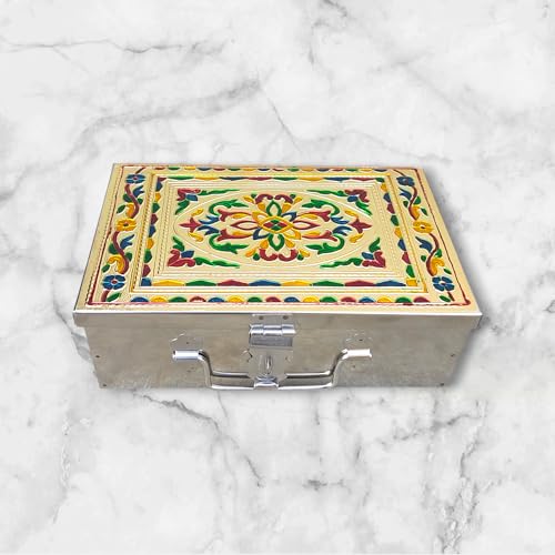 Image of Stainless Steel Storage Box, Cash Box, Pooja Peti, Organizer, Vanity Storage Box, Jewellery Safe Bank Locker, Cash Box With Handicrafts Digital Meena Kari Design (Silver, 9 Inches)