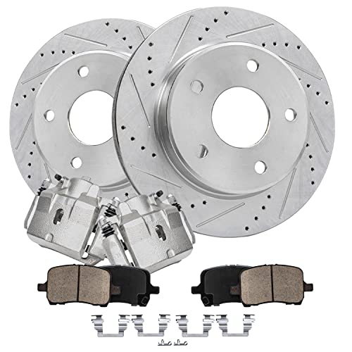 Image of Detroit Axle - Front Brake Kit for Chevy Malibu Pontiac G6 Saturn Aura | Drilled and Slotted Disc Brake Rotors Ceramic Brake Pads Brake Calipers Replacement 11.65 inch inch Rotor