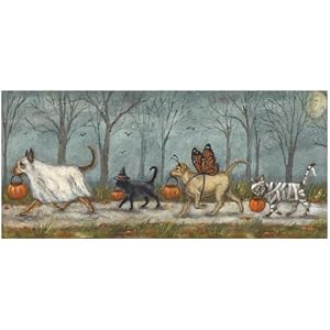 Primitives by Kathy Spooky Pet Parade Rug displaying a Fun Design of Pets in Various Halloween Costumes Walking Together Holding Treat Buckets