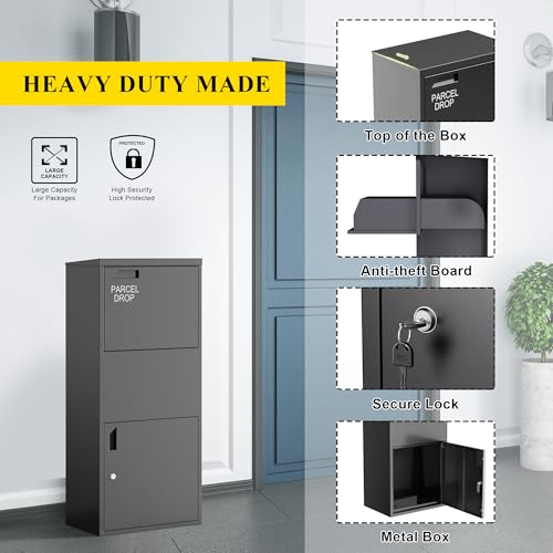Image of Merapi Pre-Assembled Package Delivery Box, No-Install Parcel Drop Box, Weatherproof Anti-Theft Steel Design (Cast Iron Black)