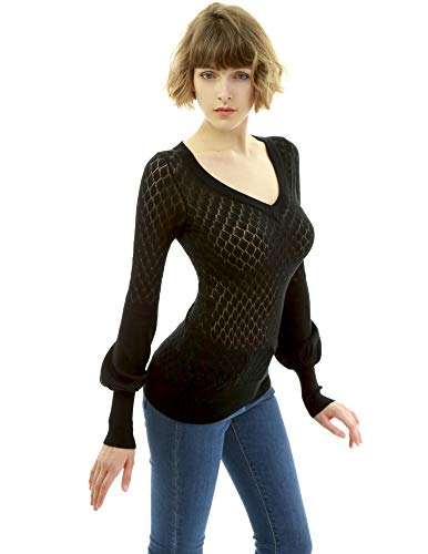 Image of AmelieBoutik Women V Neck Semi Sheer Bishop Sleeve Sweater