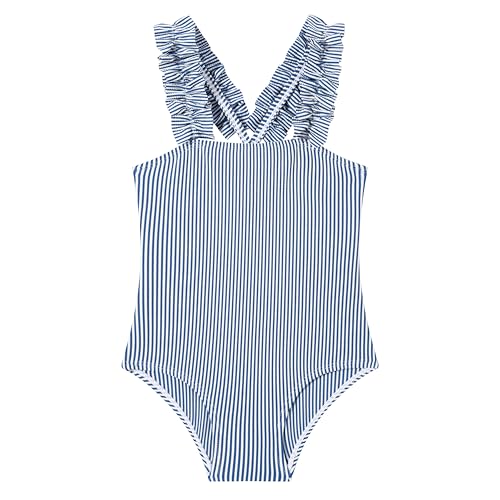Image of LIZENS Girls One Piece Swimwear Pink Stripe Ruffled Shoulder Straps Girls Swimsuit Size 2-12