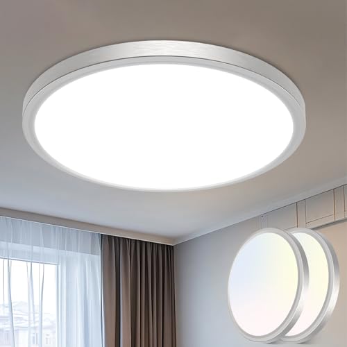 Image of libtit 16 inch Flush Mount LED Ceiling Light Fixture, 3000K 4000K 6500K Adjustable, 36W 3600lm Brushed Nickel Satin Round Ceiling Lamp for Bathroom Shower Hallway Kitchen, 2 Pack