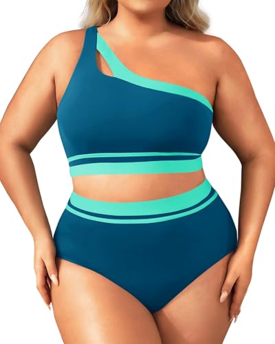 Aqua Eve Women Plus Size High Waisted Bikini One Shoulder Two Piece Swimsuit Color Block Bathing Suits