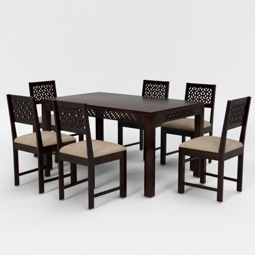 Image of Solid Sheesham Wood 6 Seater Dining Table Set with Cushioned Chairs for Dining Room | Living Room | Home & Office | Hotels Restaurant & Cafe (6 Seater, Walnut A)