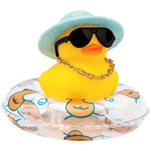 Image of wonuu Car Rubber Duck, Yellow Duck Decoration Dashboard with Sun Hat Swim Ring Necklace Sunglasses for Car Dashboard Decorations