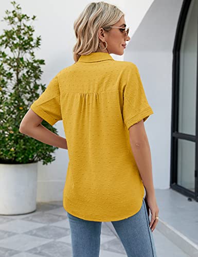 Women Short Sleeve Work Blouses Spring Fashion Elbow Half Sleeve Tops Professional Button Collared Casual Shirts Yellow,Xl #TOP3